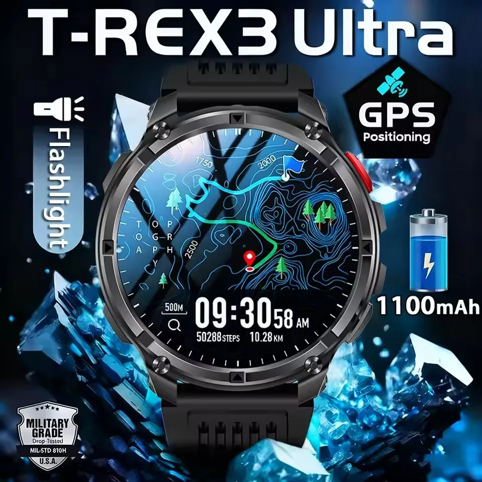 Nuevo reloj inteligente militar T-Rex3 Ultra 1100mAh con batería 5 ATM resistente al agua 1,7 “AOD brújula GPS rastreador deportivo relojes inteligentes para exteriores - Imagen 2