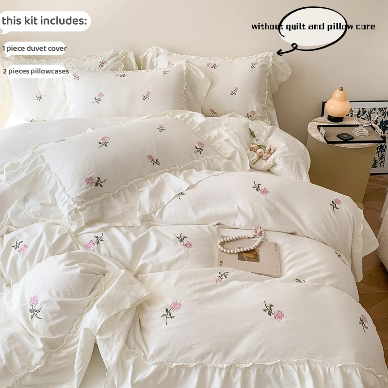 Juego de funda nórdica bordada con rosas de 3 piezas (1 funda nórdica + 2 fundas de almohada, sin núcleo), juego de cama de encaje estilo princesa - Imagen 2